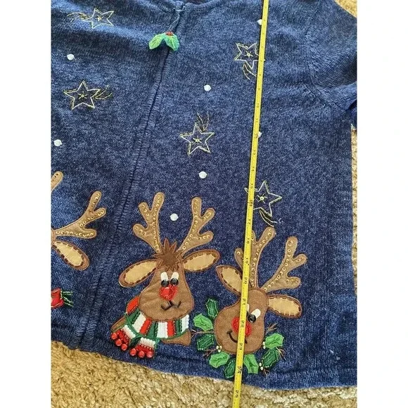 Vintage Ms Lee Christmas Sweater Cardigan Women's Large Embroidered Reindeer - Picture 15 of 16